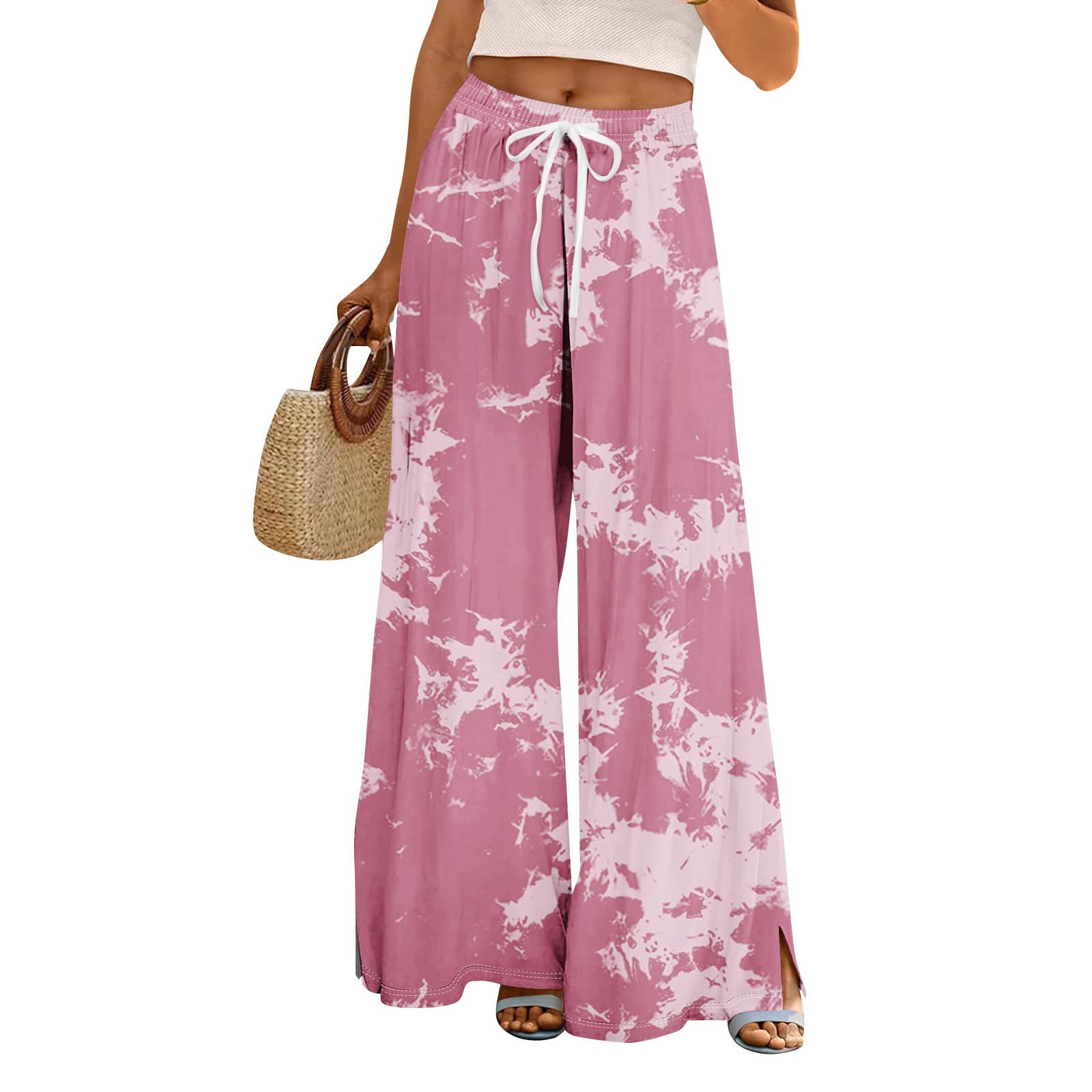 GOFULY Wide Leg Flowy Pants for Women Summer 2025 Beach Palazzo Pants High Elastic Waist Drawstring Side Slit Pockets Trouser