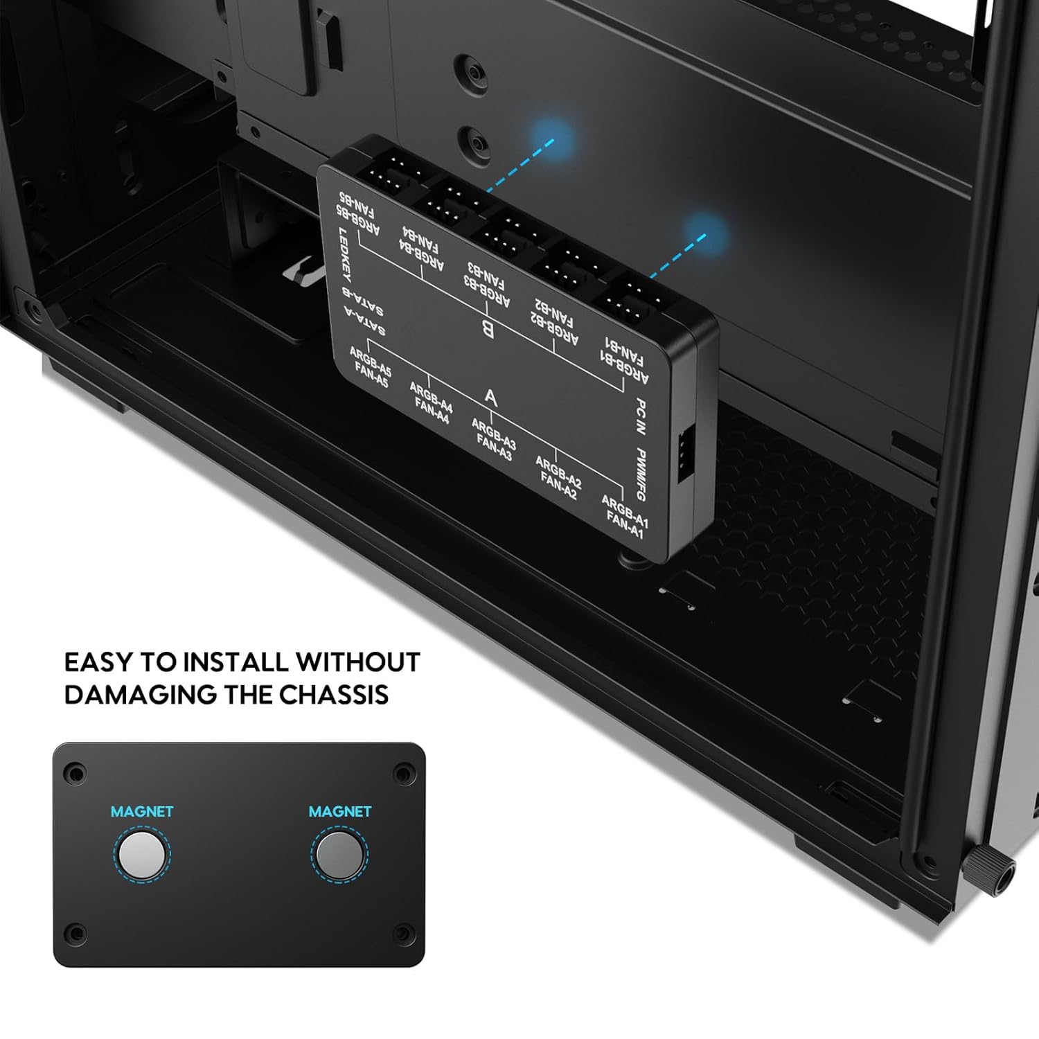 Image showing the fan hub magnetically attached inside a PC case.