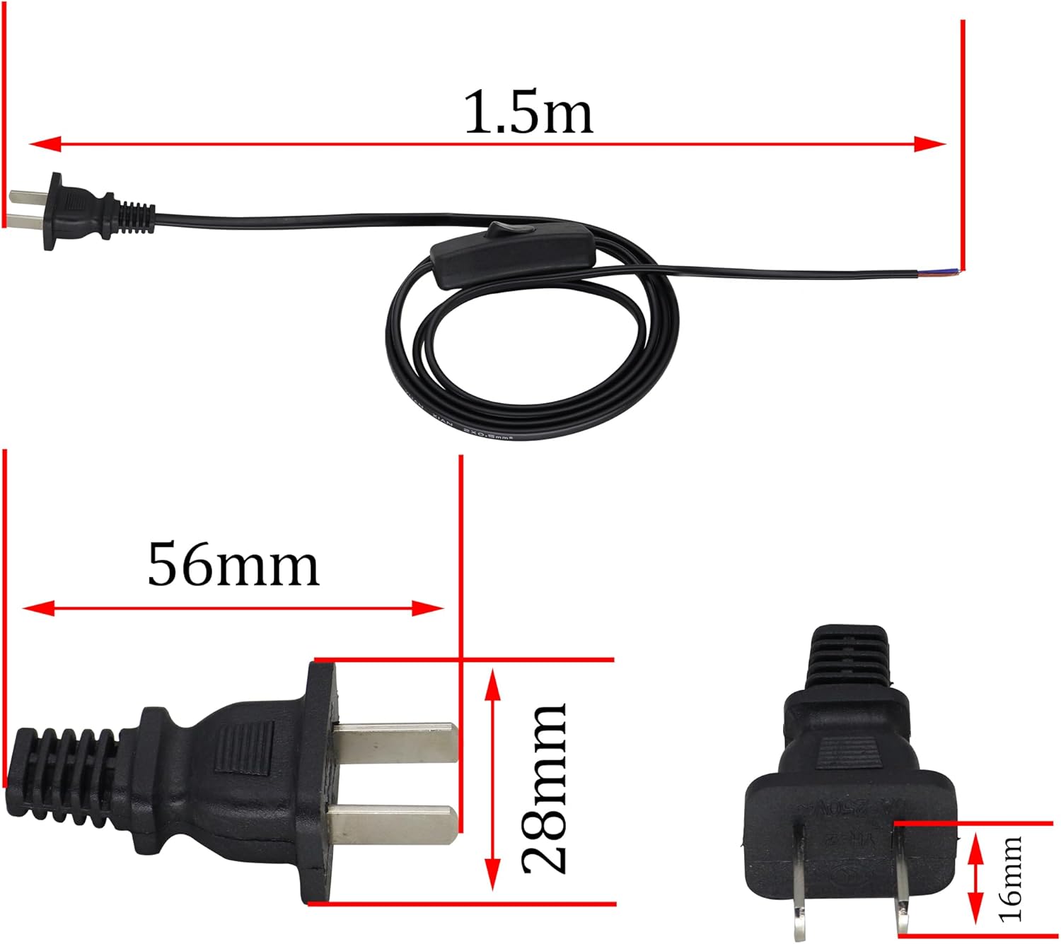 Lamp Cable with Toggle Switch, Lamp Cord with Molded Plug and On/Off Switch Replacement/Extension Cord Stripped Ends Ready for Wiring and Repairing Lights Cable [2 Pack/Black/ 1.5m/5ft]