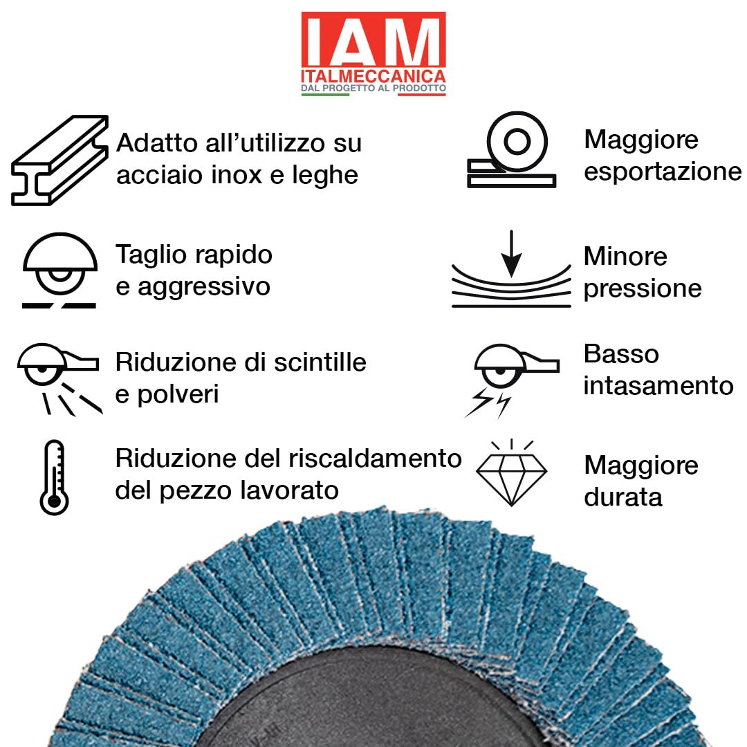 IAM Disco Lamellare Zirconio per Smerigliatrice 125x22mm Flap Disc Professionale Doppia Lamella con Supporto in Nylon Disco Abrasivo per Acciaio Inox e Metallo Alta Asportazione | Grana 40 | 100 pezzi
