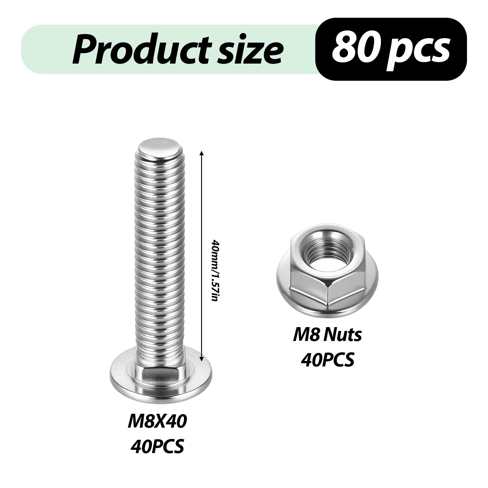 80 szt. Śruby Zamkowe M8 x 40 mm, Zestaw Śrub z Nakrętkami Kołnierzowymi, Śruby z Łbem Półokrągłym ze Stali Nierdzewnej, Śruby Do Bram z Nakrętkami