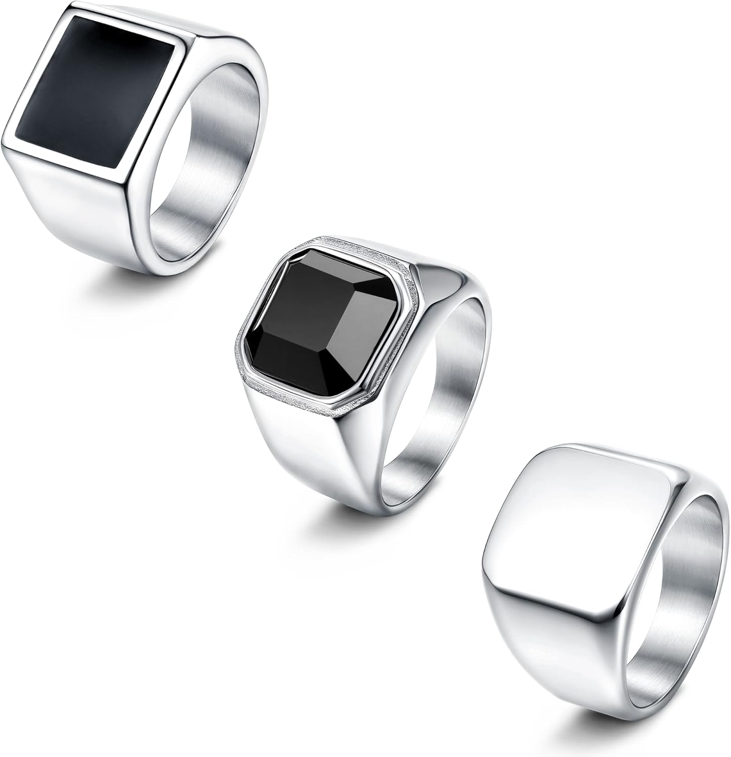 SAILIMUE 3Pcs Stainless Steel Signet Rings for Men Women Black Silver Simple Square Agate Solid Polished Biker Band Pinky Thumb Rings Set Size 7-13
