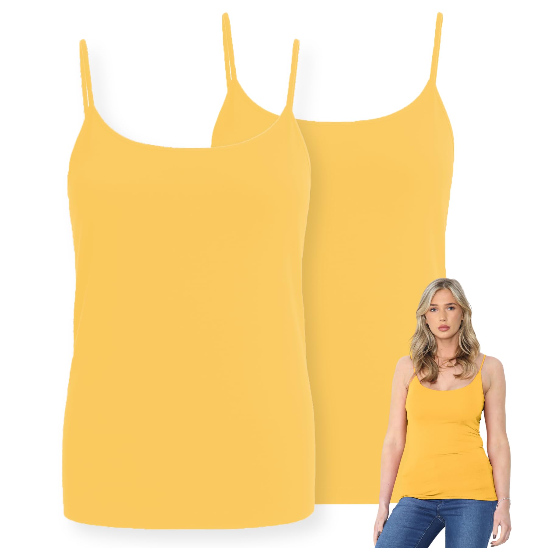 Hamishkane Women's Mustard Hamishkane® Plain Bodycon Cami Strappy Sleeveless Tank Tops, Pack Of 2 Slim Fitted Scoop Neck Vest Tops Uk, Stretchy Gym Wear, Casual Summer Cami Top