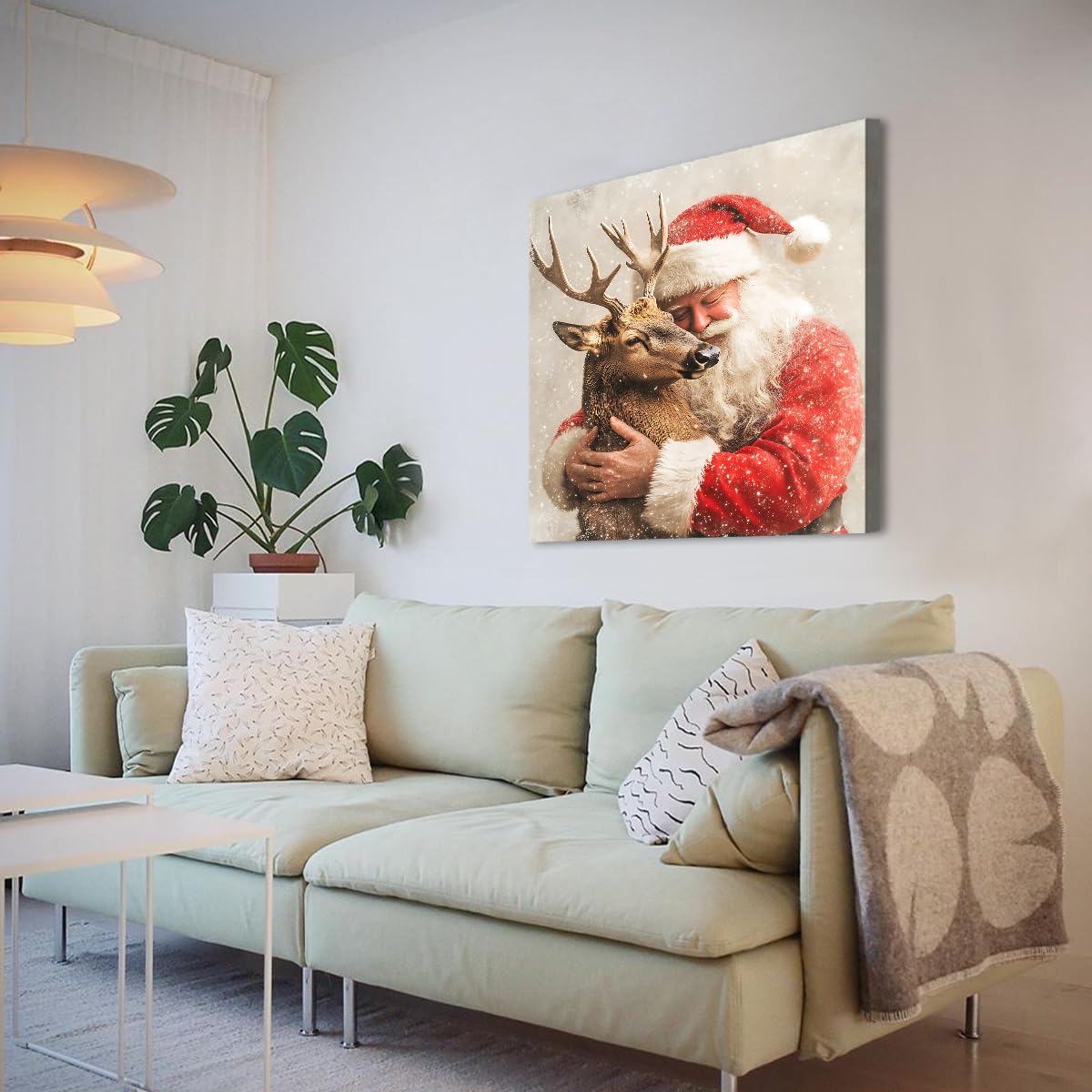 Wydruki na płótnie Boże Narodzenie renifer i Santa sztuka ścienna gotowa do powieszenia świąteczna dekoracja ścienna do kuchni salonu plakat do dekoracji wnętrz rama 80 x 80 cm