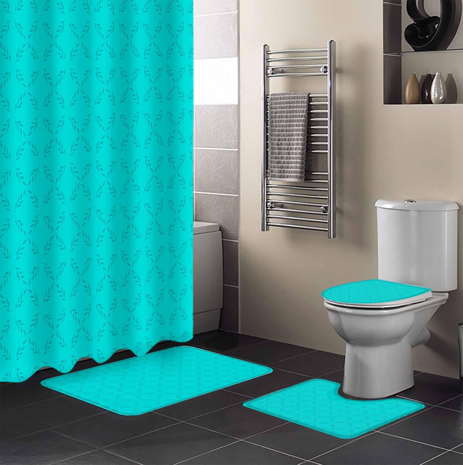Turquoise Plaid Bathroom Set with Shower Curtain and Rug Accessories - 36x72 Inches Long Geometric Leaf Diamond Morocco Abstract Stall Curtain Waterproof with Small Bath Mat,Washable Runner Rug Set
