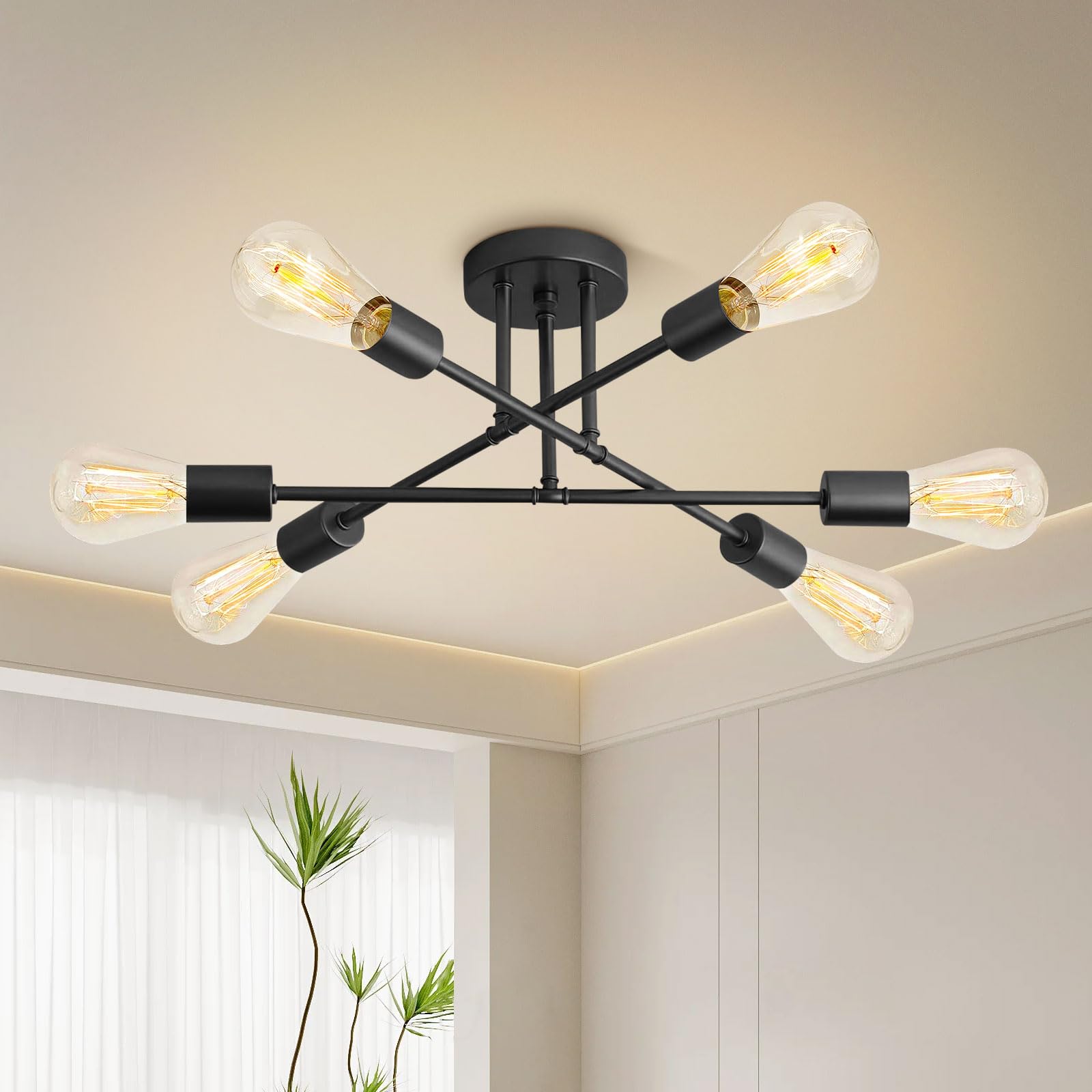 Sputnik Chandelier 6-Light Ceiling Light Dining Room Light Fixture with E26 Bulbs Ceiling Light Fixture Angle Adjustable Kitchen