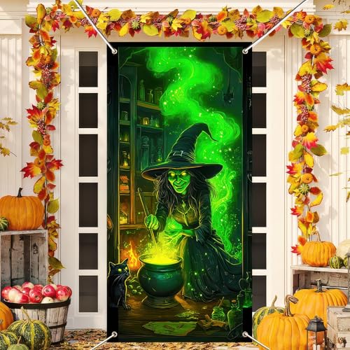 Image of BlissYard Halloween Door Cover Witch Potion Room 71 x 35 Inch | Polyester, Green Witch and Black Cat Potion Room, Haunted House Door Decor, Porch, Wall and Halloween Party Backdrop