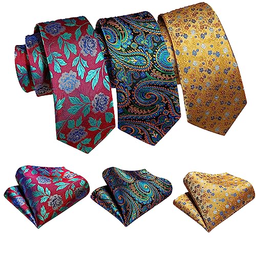 Image of Barry.Wang 6 PCS Men Ties Set Silk Business Fashion Woven Necktie Handkerchief Cufflinks Paisley Stripe Wedding Party