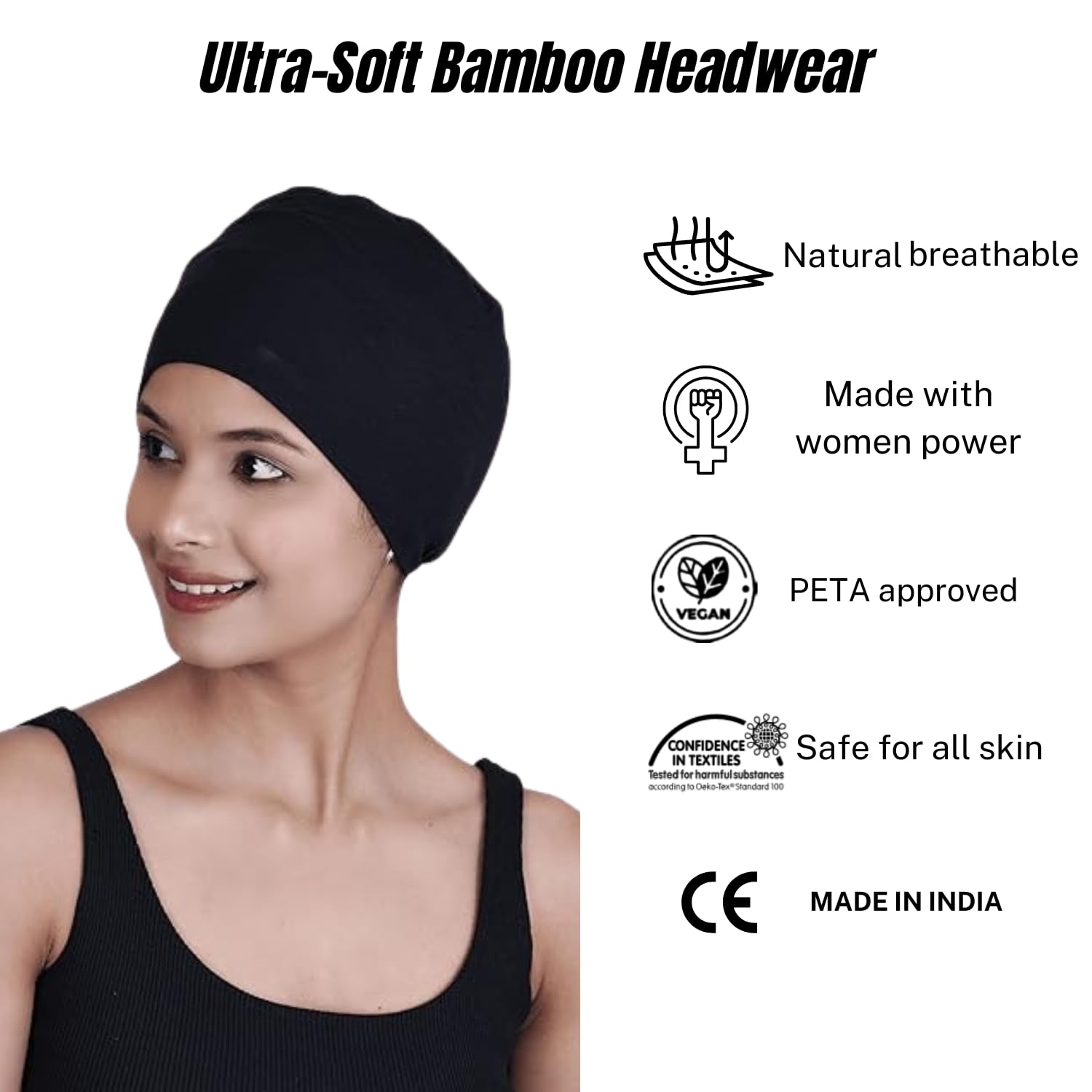 The Headscarves Soft Chemo Headwear Sleep Cap for Women & Cancer Patients – Breathable Black Headscarf for Sleeping, Hospital, Hair Loss – Comfortable Stretchy Beanie (Free Size)(HS3_Black) 3