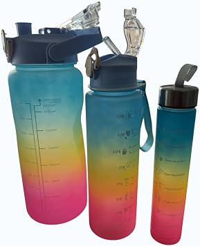 3'lü Motivasyonel Matara Seti, İç İçe Geçebilir Tasarım, 2000ml, 900ml ve 300ml, Gradyan Renk Seçenekleri, Sticker ve Pipet Hediyeli (Gece Yarısı)