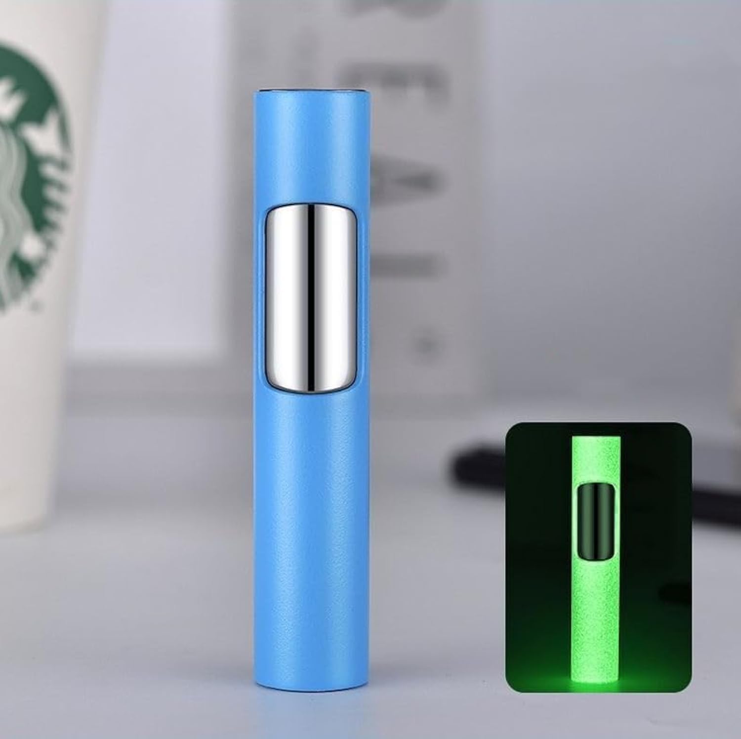 MCHERRY Cylindrical windproof luminous Portable Cigar Lighter Adjustable Butane Lighter Single Jet Flame, Refillable, Side Switch (Blue)