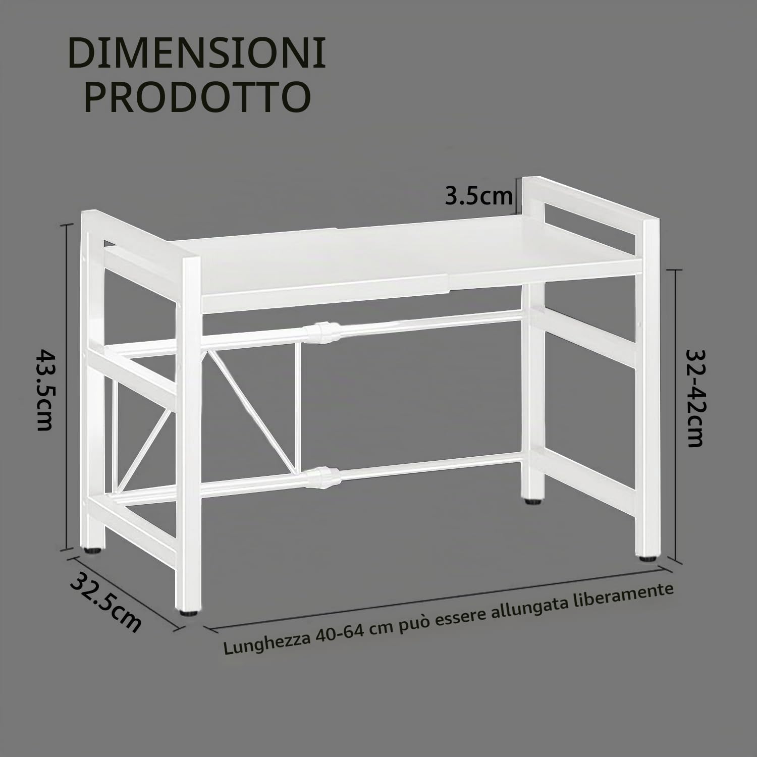 Scaffale allungabile per microonde a 2 ripiani con 6 ganci, supporto per forno a microonde, scaffale da cucina per piano di lavoro, allungabile da 40 a 64 cm, bianco