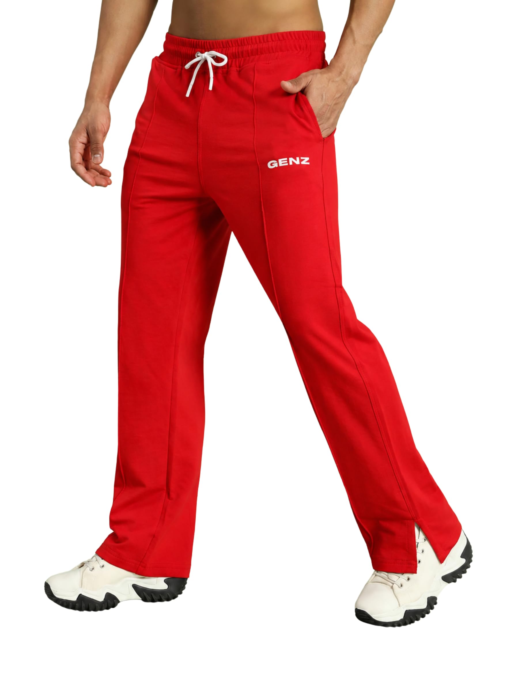Genzclassic Men's Cotton Straight Fit Track Pants with Side Slit | Red-image-3