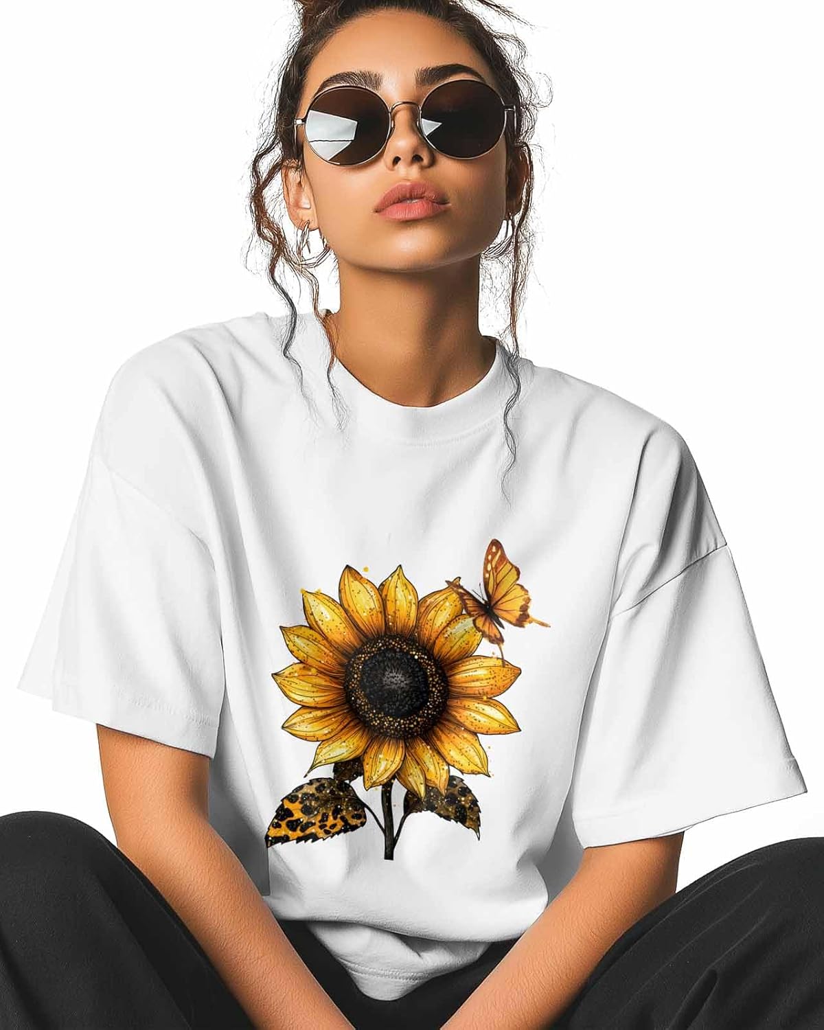 Graphic Womens T-Shirt Leopard Sunflower Butterfly Printed Cotton Top Short Sleeve XL White Basic Casual Tee - Image 5