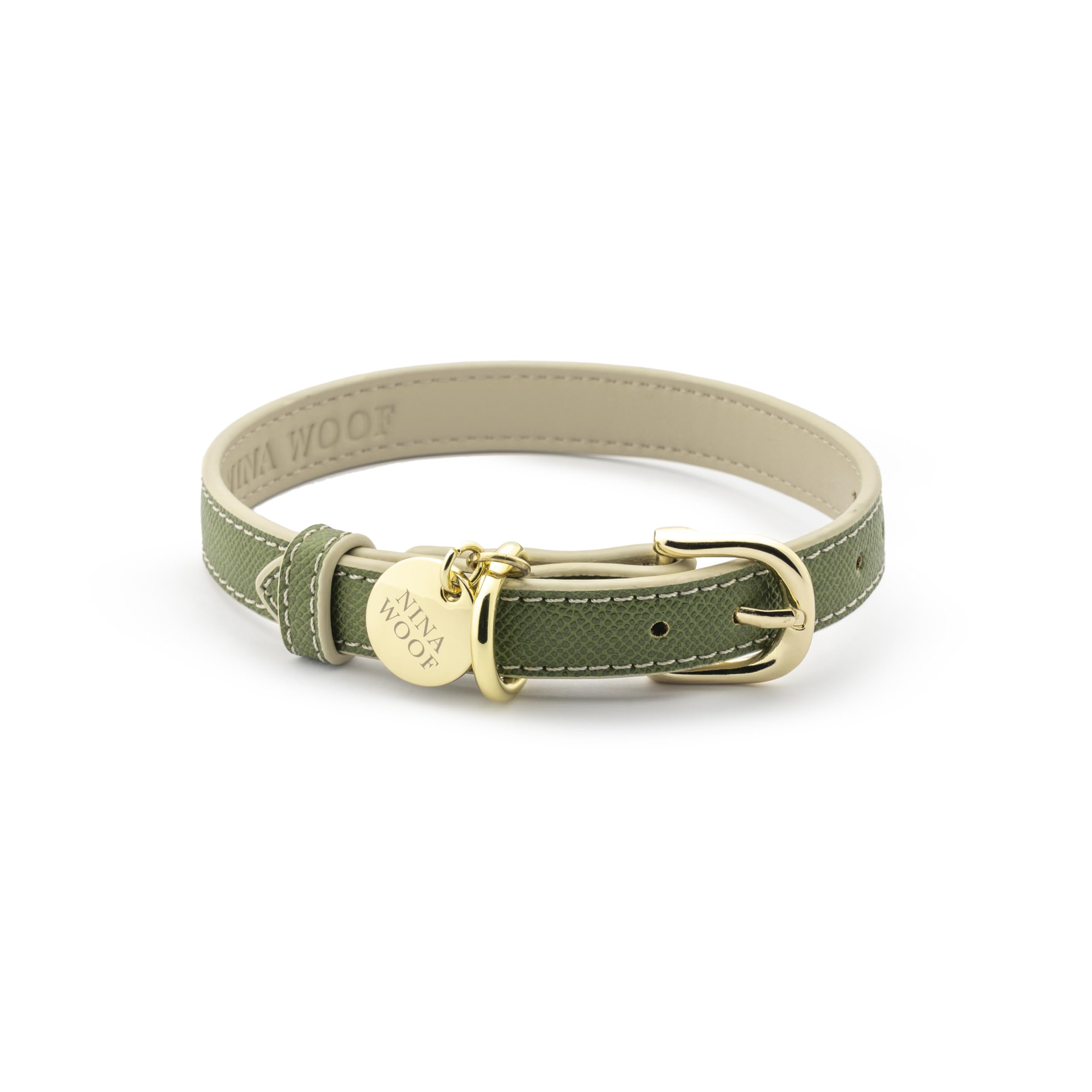 Nina Woof Copenhagen Leather Dog Collar, Handmade Soft Vegan Leather Round Padded Collar with Adjustable Buckle, for Extra Small, Small, Medium and Large Dogs, Olive-S