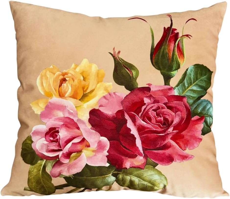 24x24 Inch Floral Pillow Cover, Vintage Rose Print Double-Sided Decorative Throw Pillow Case, Soft Plush Fabric with Invisible Zipper for Living Room, Bedroom, Sofa, Home Decor