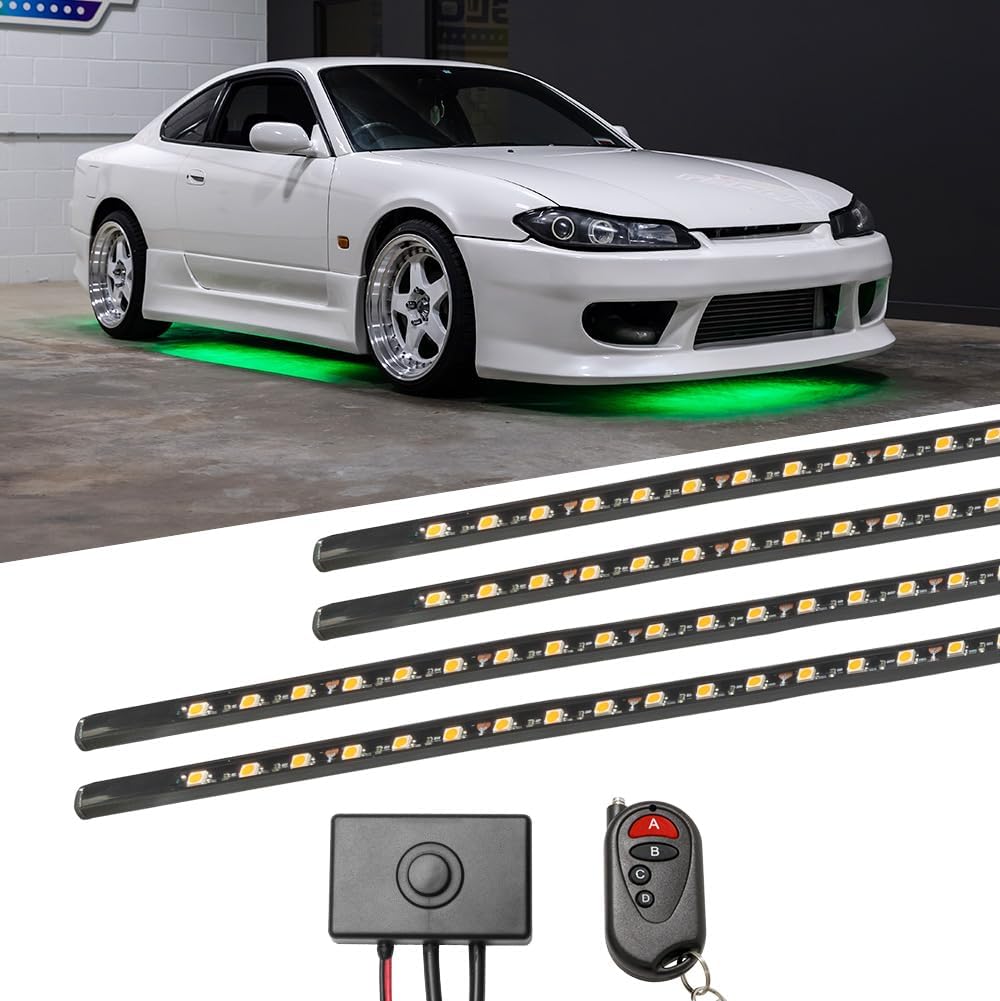 LEDGlow 4pc Green Flexible Car Slimline LED Underbody Underglow Accent Neon Lighting Kit - 4 Unique Patterns - Water Resistant, Low Profile Tubes - Includes Control Box & Remote