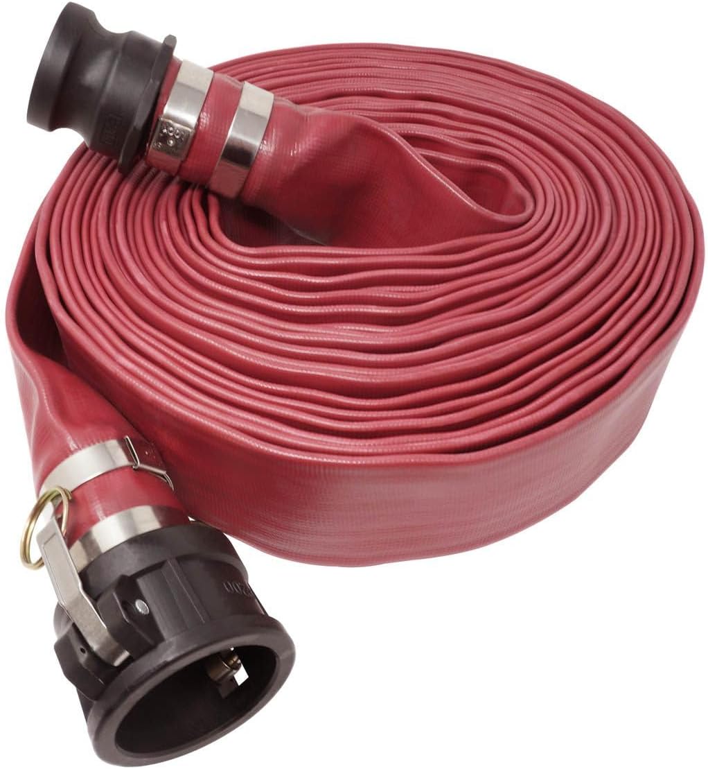 Gloxco 2" x 25′ Red Heavy Duty Lay Flat PVC Discharge Hose Assembly with Poly Cam and Groove C and E Fittings