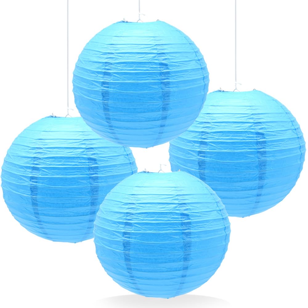 GOSHUN 4 Pack Paper Lanterns Round Hanging Paper Lanterns 12"/30cm Chinese Paper Lanterns for Birthday, Wedding, Christmas, Bridal, Home Decor, Party Decoration（UZD/Sky Blue）