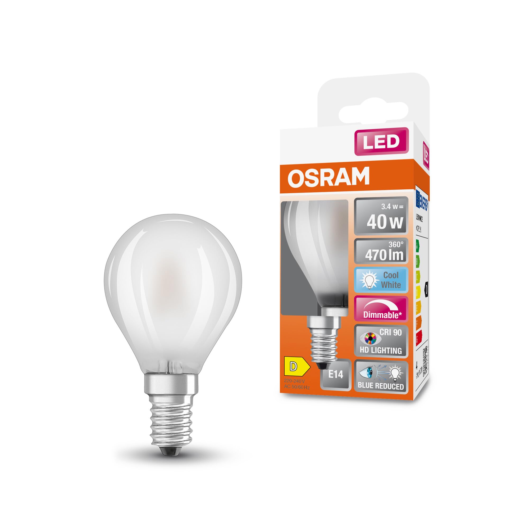 OSRAM Superstar dimmable LED lamp with Extra high Colour Rendering (CRI90), E14-base Frosted Glass,Cold White (4000K), 470 Lumen, 40W-Replacement, dimmable, 1-Pack