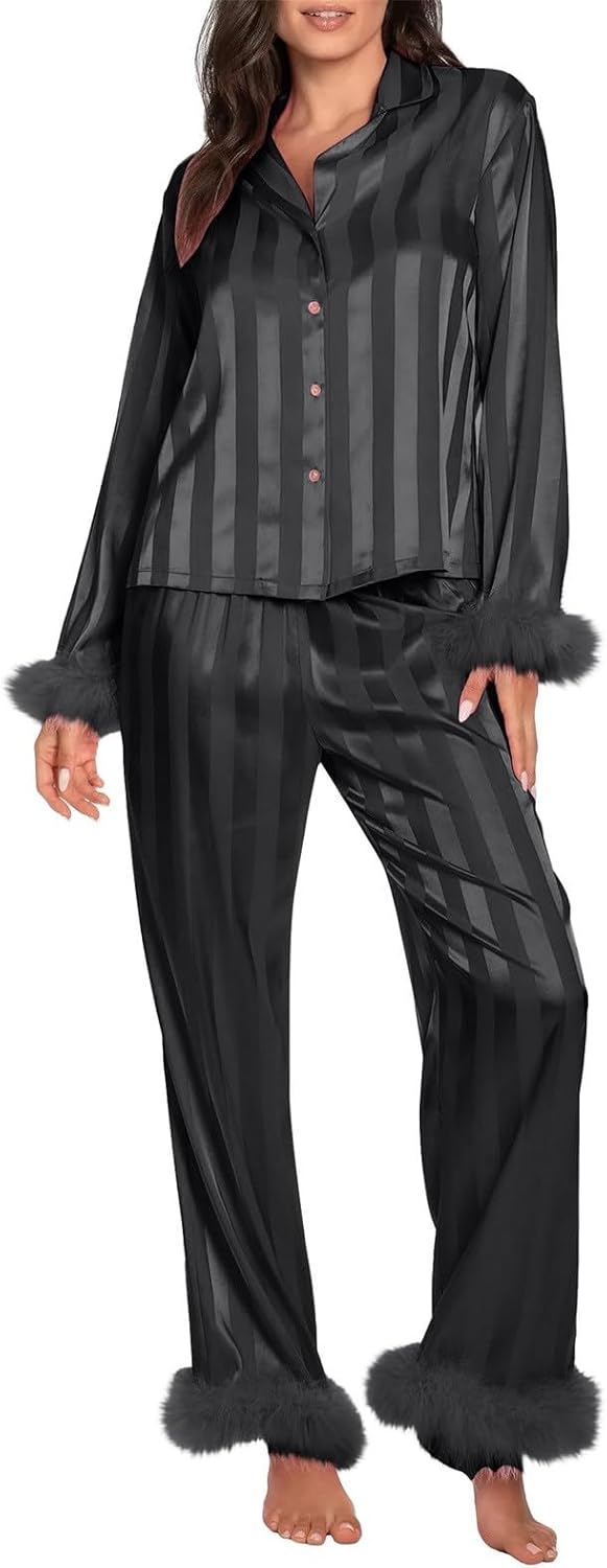 Valentines Pajamas for Women Silk Satin Pj Set Feather Trim Long Sleeve Shirt and Pant Heart Print 2 Piece Sleepwear