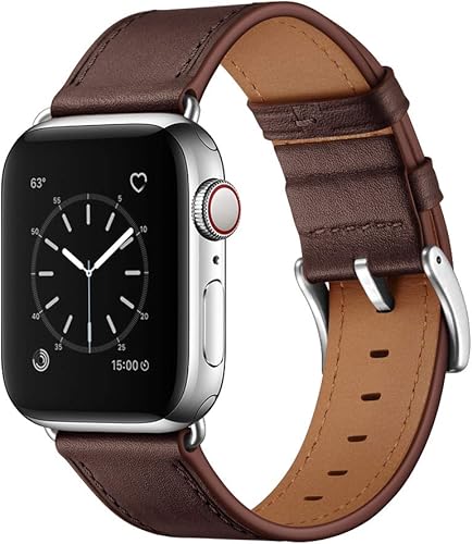 OUHENG Leather Bands Compatible with Apple Watch Band 49mm/46mm/45mm/44mm/42mm, Genuine Leather Strap Compatible with iWatch Ultra 3/2/1 & Series 11/10/9/8/7/6/5/4/3/2/1 & SE3 SE2 SE, Black/Black(Chocolate Brown/Silver,38mm/40mm/41mm/42mm(Series 11 10))