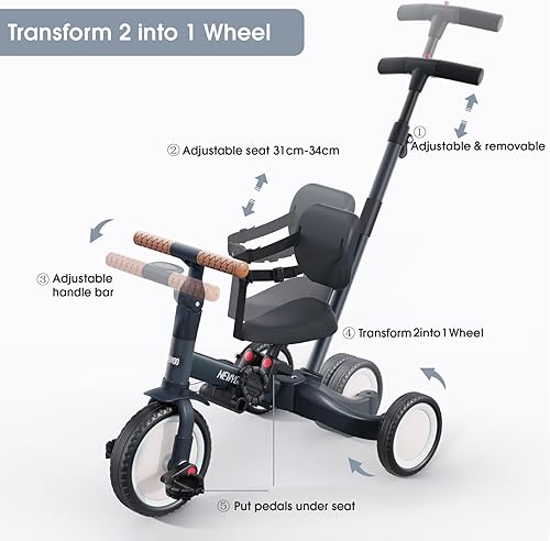 Miniatura 4 de newyoo Triciclos para niños de 1 a 3 años, bicicleta infantil con respaldo y cinturón de seguridad, bicicleta de equilibrio, regalo perfecto de