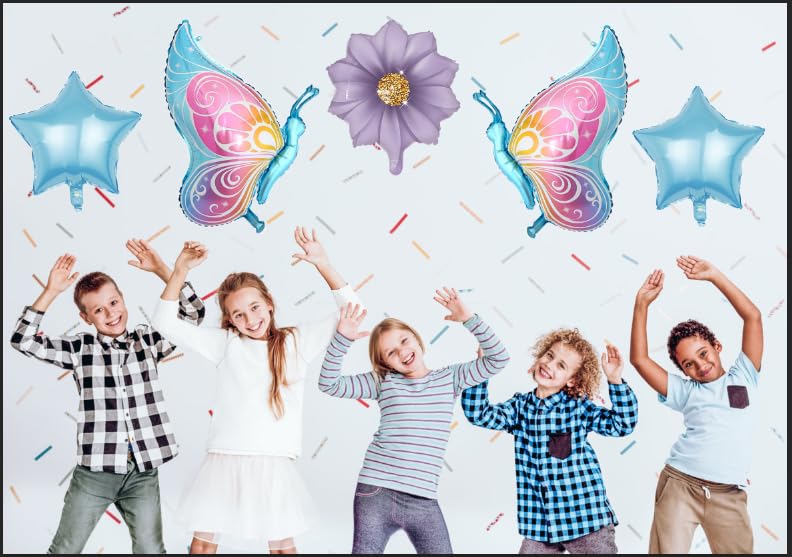 Image of 5 Pcs Butterfly Foil Balloons Blue Suit With Butterfly Flower Pentagram Themed Birthday Party Baby Showers Decorations Supplies