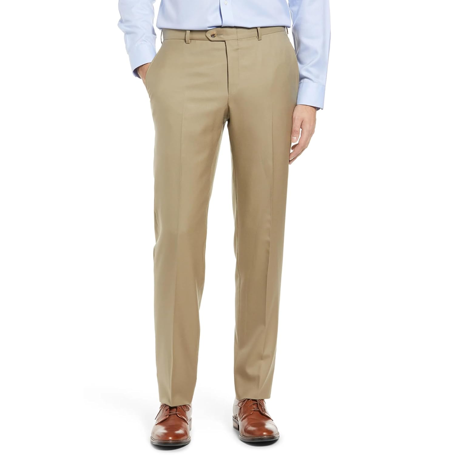 Calça social masculina, ajuste clássico, frente lisa, cintura expansível oculta, sem passar