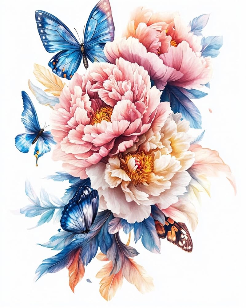 Henypt 11Ct DIY Stamped Cross Stitch Kits for Adults Bouquet of Peonies and Butterflies with Cross Stitch Kits Landscape Oil Painting Cross-Stitch Kits Counted Embroidery Kits for Adults