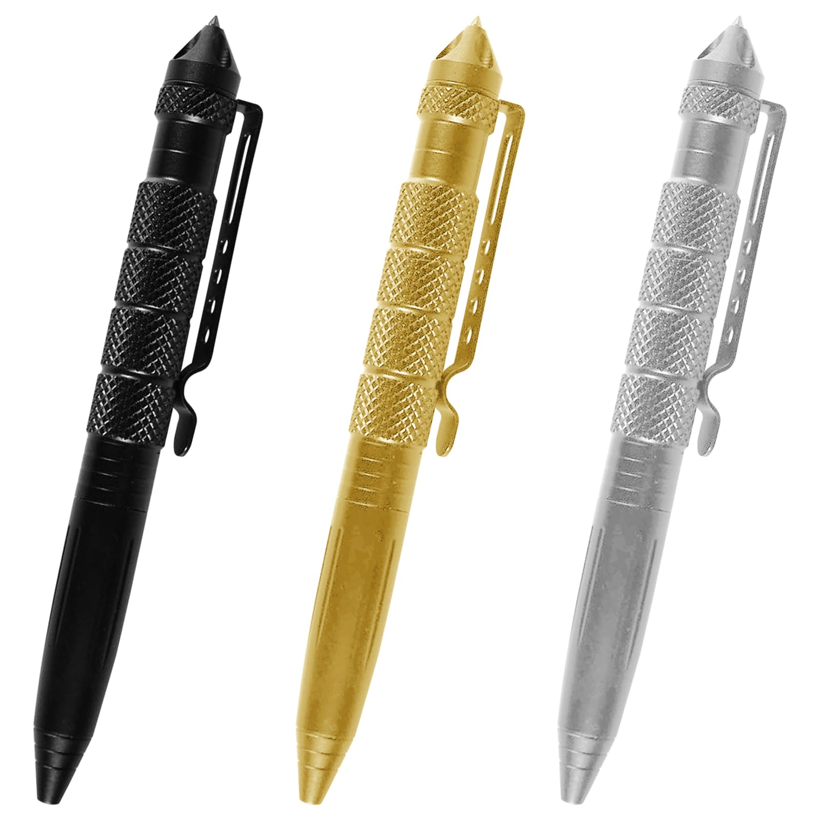 Juego de 3 bolígrafos tácticos de aluminio, color dorado, gris y negro