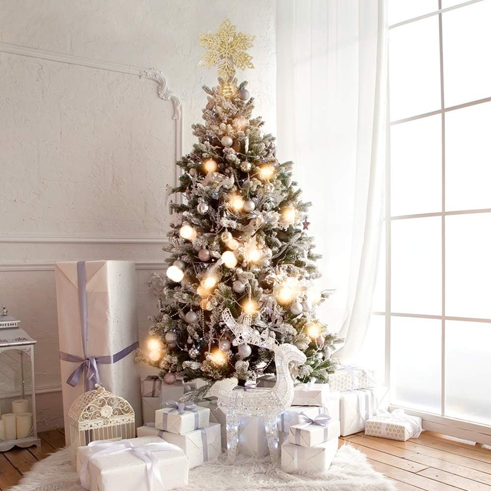 Ywlake Christmas Tree Topper Lights, LED Light Up Lighted Snowflake Christmas Top Topper Projecter with Projection for Indoor Outdoor Christma Tree Decor Decorations (Metal, Gold)