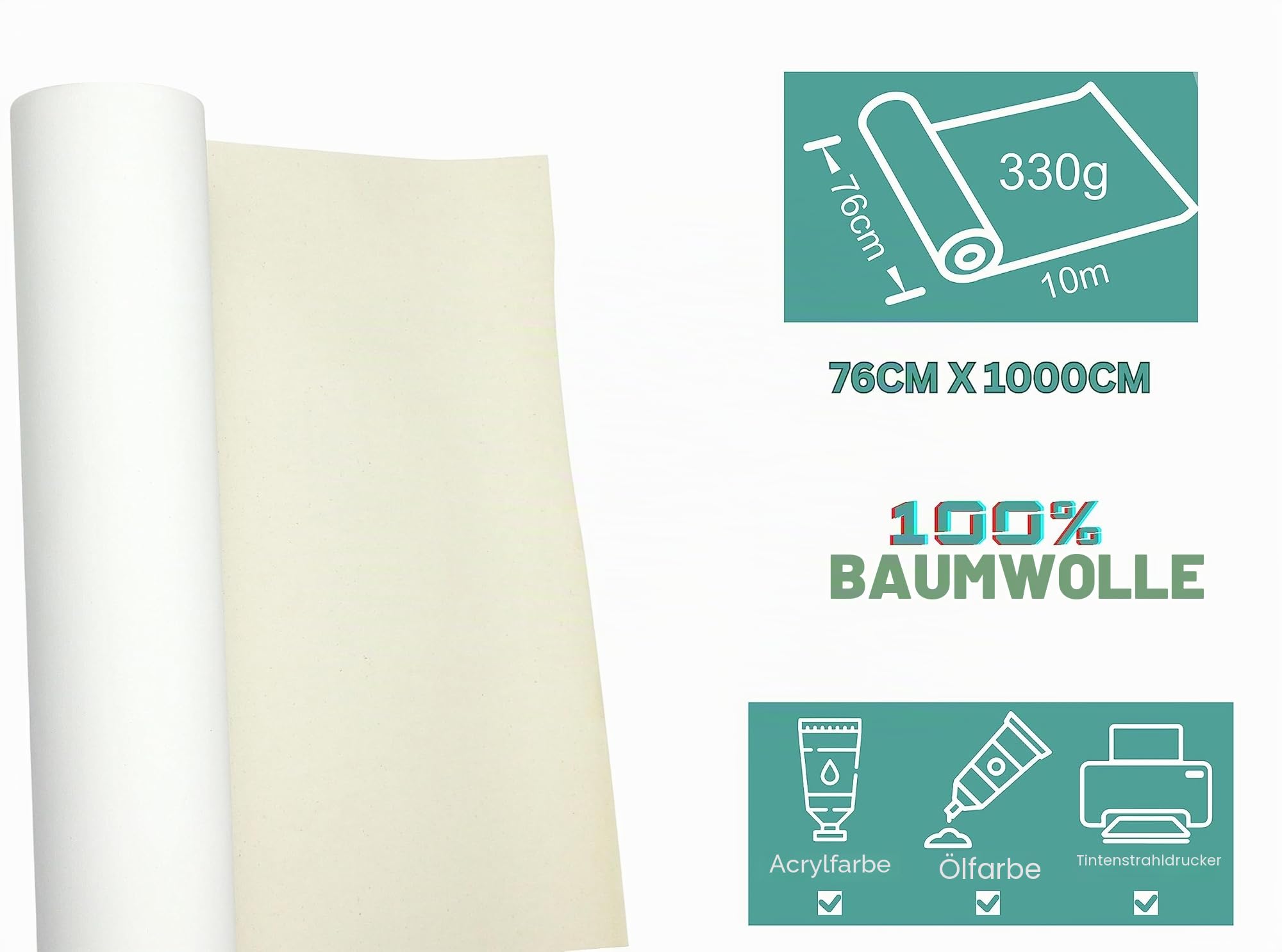 EXERZ Leinwand auf Rolle, Baumwoll 76cm x 10m, 330 g/m² Acrylmalerei, Ölgemälde, Tintenstrahldruck – Material für künstlerische Meisterwerke.