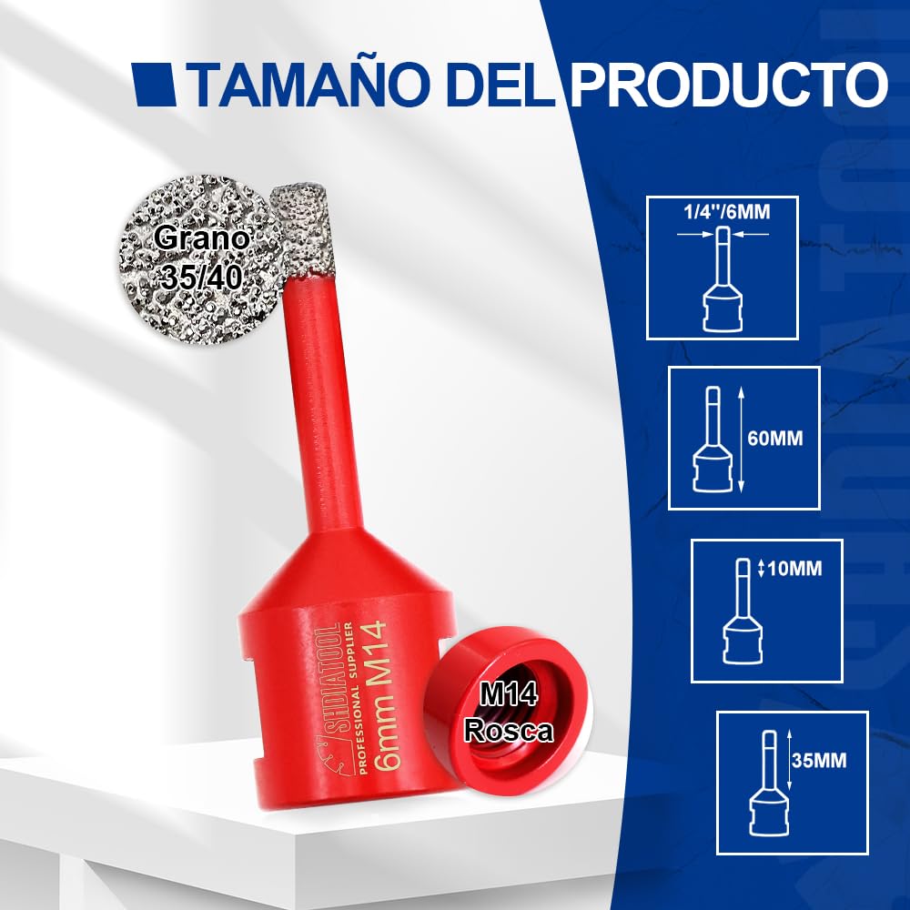 SHDIATOOL Broca de Diamante 2PC 6MM Vacío Soldadura para Perforación en Seco Porcelana Azulejo Granito Mármol M14