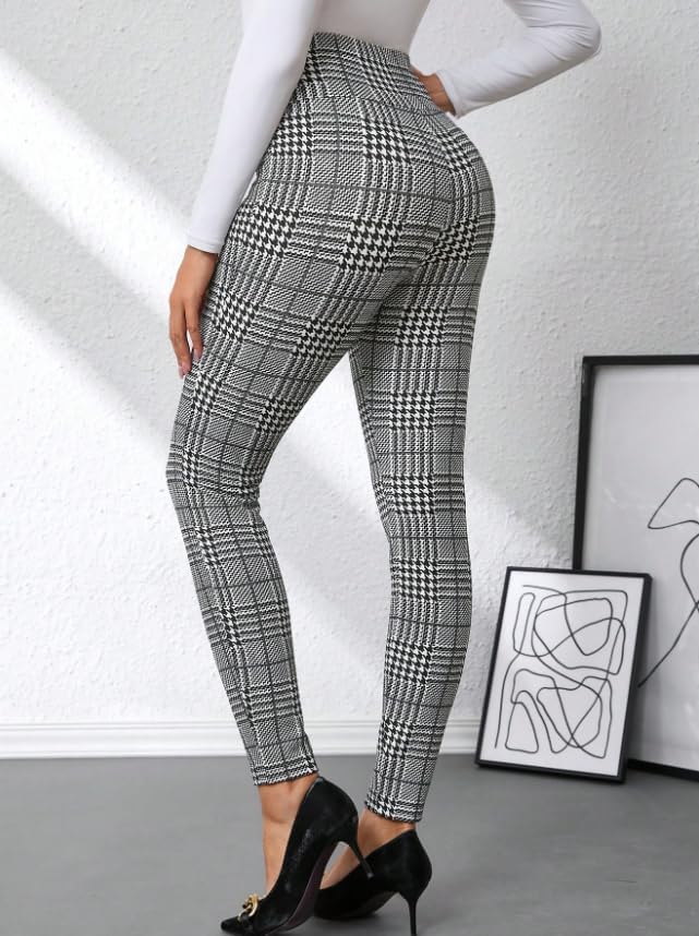 Women's Work Pants Checkered Business Casual Stretch Slim Fit Elastic Waist with Tummy Control Fall Office Dress Pants - Image 3
