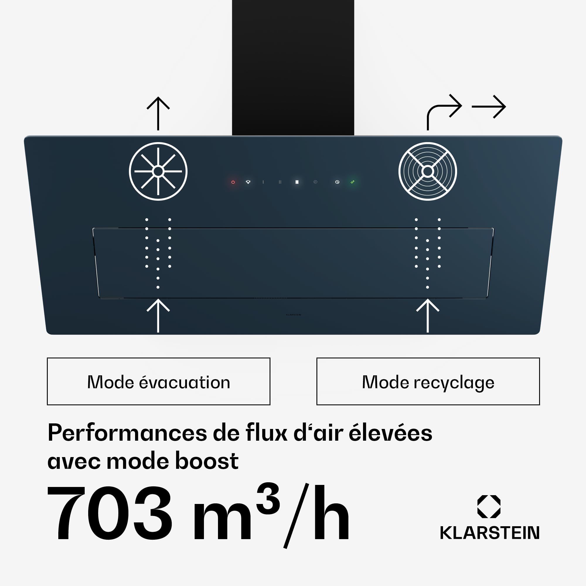 Klarstein SleekAir Hotte Aspirante - 90cm Hotte Décorative, Débit 718 m³/h, A++ Énergie, Éclairage LED 5W, Commande Tactile, Double Ventilation, Anthracite