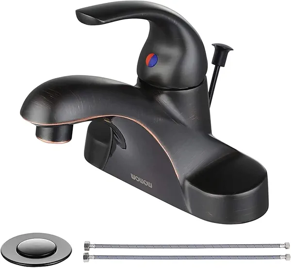 WOWOW Single Handle Commercial Bathroom Faucet Oiled Rubbed Bronze 4 inch Centerset Bathroom Basin Sink Faucets One Handle Vanity Faucets Basin Mixer Tap with Lift Rod Drain Assembly Oiled-R