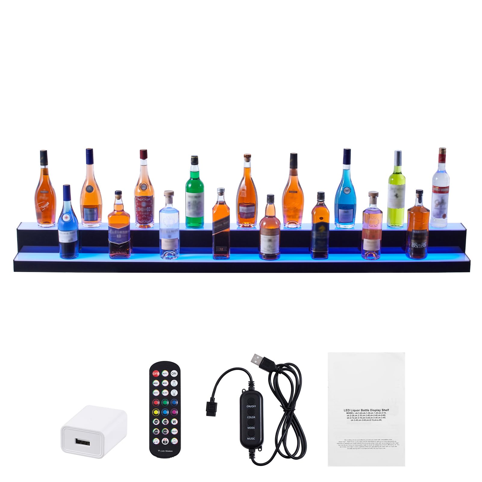 Happybuy 72-Inch LED Lighted Liquor Bottle Display, 2-Tier Acrylic Whiskey Rack Shelf, Commercial Home Bar Stand with RF Remote & App Control, Multicolor Lighting, Adjustable Power