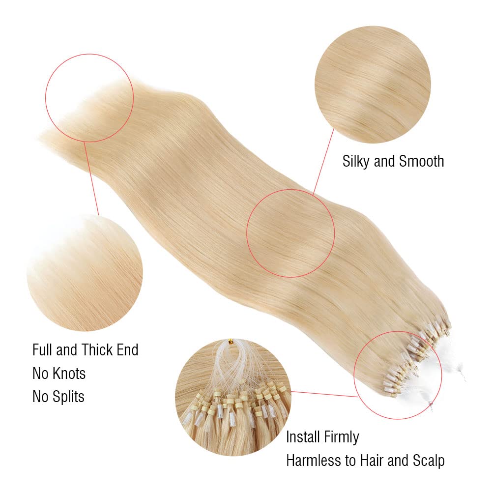 ABH AmazingBeauty Hair Micro Loop Hair Extensions Human Hair Blonde Micro Ring Hair Extensions 50G 50S Microbead Hair Extensions Invisible 16 Inch Color #60 Blonde Microlinks Hair Extensions - Image 2