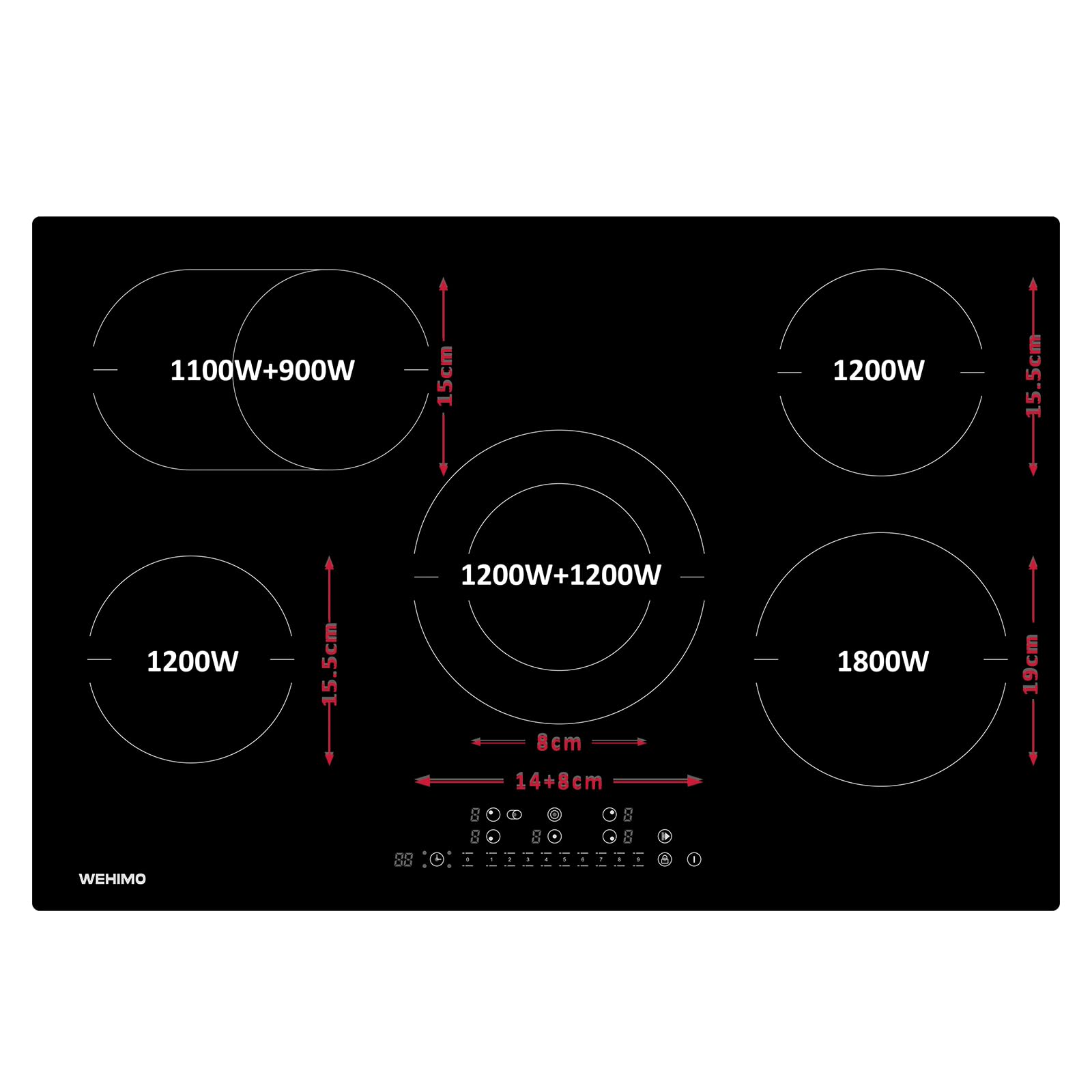 Wehimo -Placa Vitroceramica 5 Fuegos 9 niveles de Potencia,Control Táctil,Temporizador 99min, Dispositivo de Bloqueo de Seguridad,Indicador de Calor
