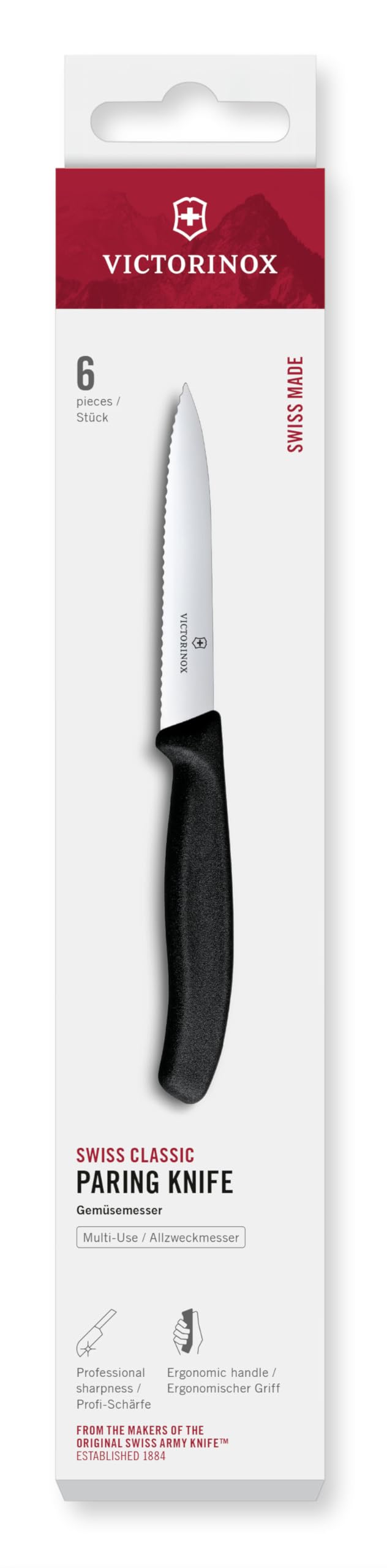 Victorinox Swiss Classic Set profesional de cuchillos para verduras, 6 piezas, cuch. universal, filo dentado y afilado, 10 cm, mango de plástico robusto, negro