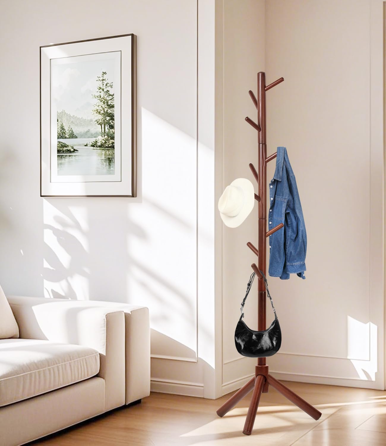 Appendiabiti in legno di faggio, supporto per giacche, appendiabiti, a forma di albero con 9 ganci, 3 regolazioni di altezza, supporto per vestiti, cappelli, sciarpe, borse (marrone)