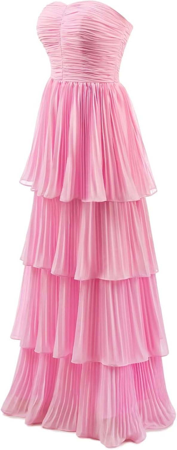 Bridesmaid Dresses Ruffle Strapless Wedding Guest Dress Tiered Chiffon Prom Maxi Formal Evening Gowns