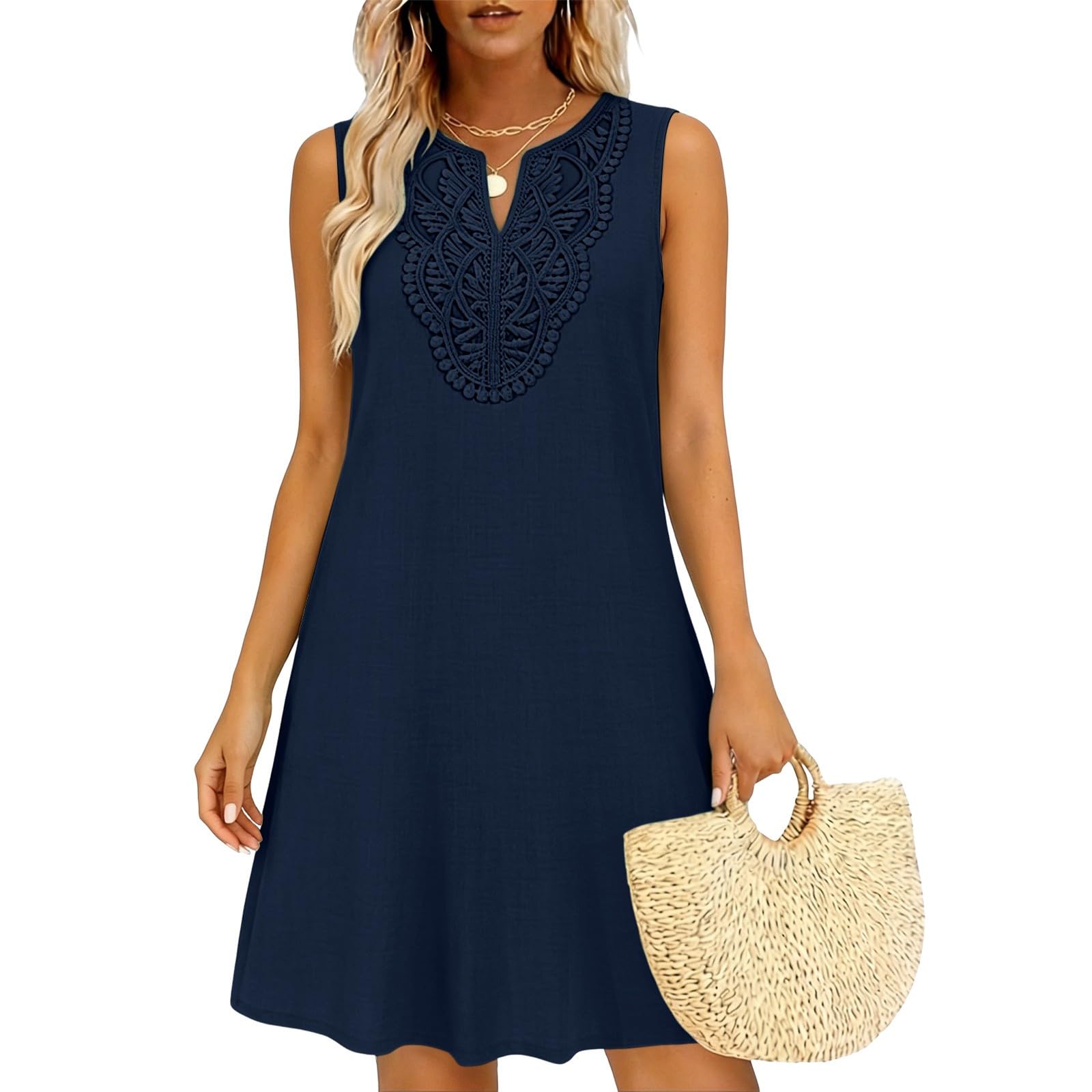 Abito Lino Donna Estivo Lungo Senza Maniche Girocollo Abiti Taglie Forti Estivi Donna Casual Vestiti Lunghi Donne Mare Prendisole Cotone Vestito Da Spiaggia Leggero Elegante Copricostume Summer Dress
