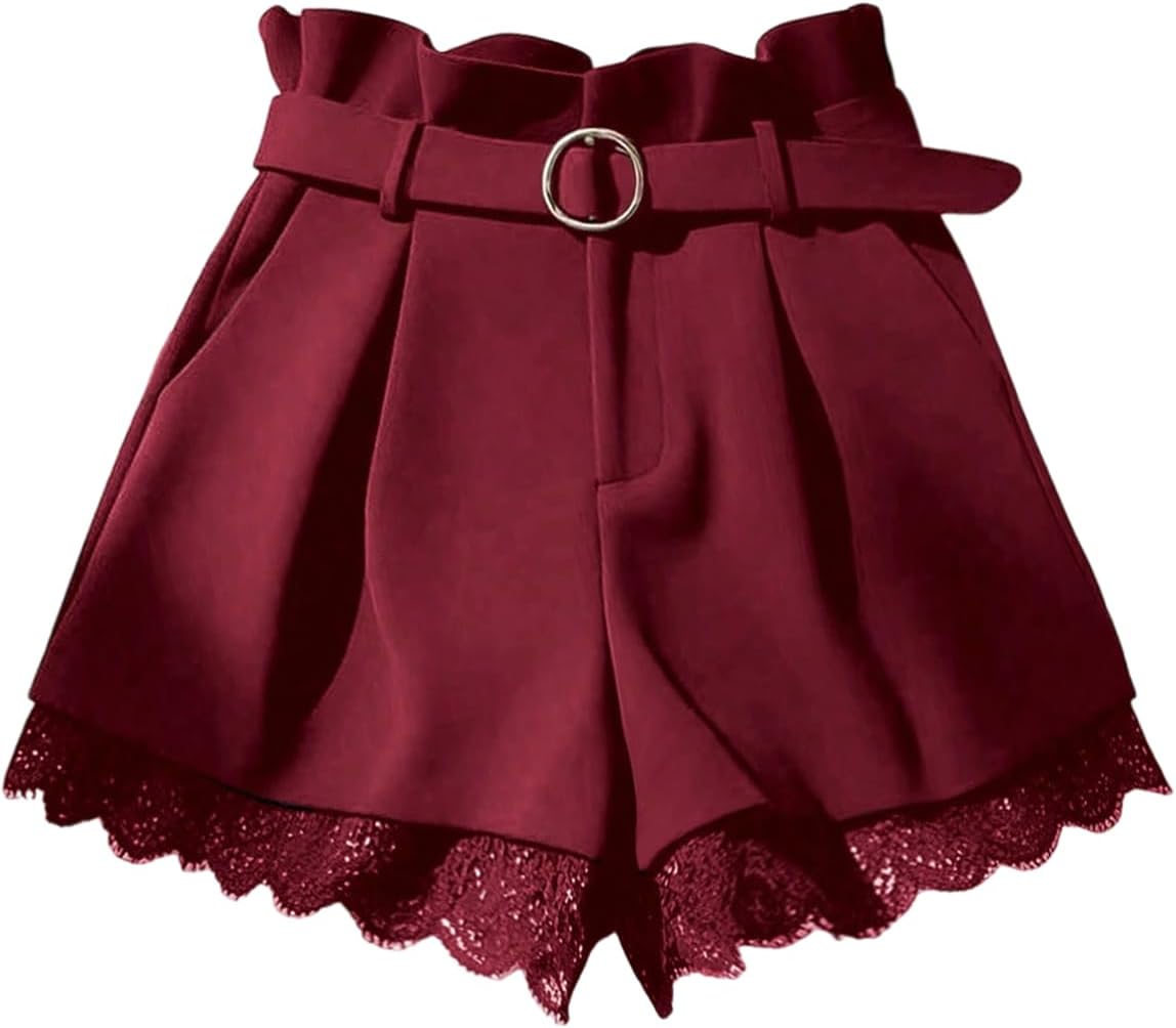 GORGLITTER Women’s Pleated Lace Belted Dress Shorts Wide Leg Tailored Formal Dressy Work Shorts with Pockets