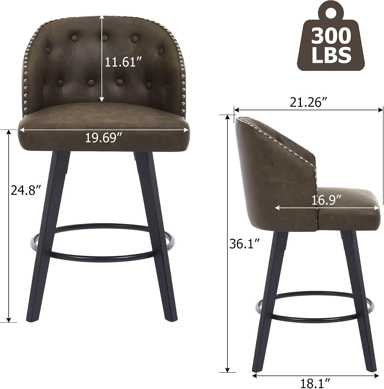 Swivel Bar Stools Set of 4, 25" Counter Height Bar Stools with Tufted Back, Upholstered Wood Bar Chairs with Faux Leather Seat, Modern Counter Stools for Kitchen Island Home Bar, Brown