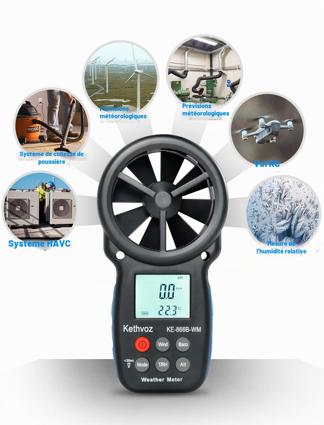 Kethvoz Anémomètre Numérique, Anemometer Portable avec Baromètre Altimètre Mesure Vitesse du Vent Température Humidité Altitude pour Drone Randonnée Escalade VMC Air Balance KE-866B-WM