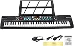 24HOCL Kids Keyboard 61 Keys, Beginner Electronic Piano with One-Key Teaching 100 Tones & Rhythms, Portable Music Keyboard for Children with Microphone, Music Stand [Black]