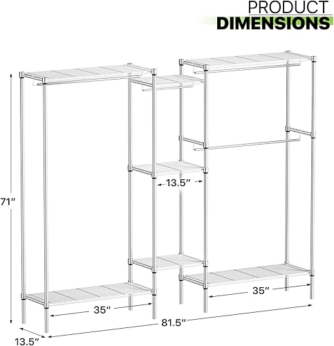 Miniatura 2 de Magshion Armario portátil independiente de 66 pulgadas, perchero ajustable con estantes, perchero de ropa resistente, color plateado