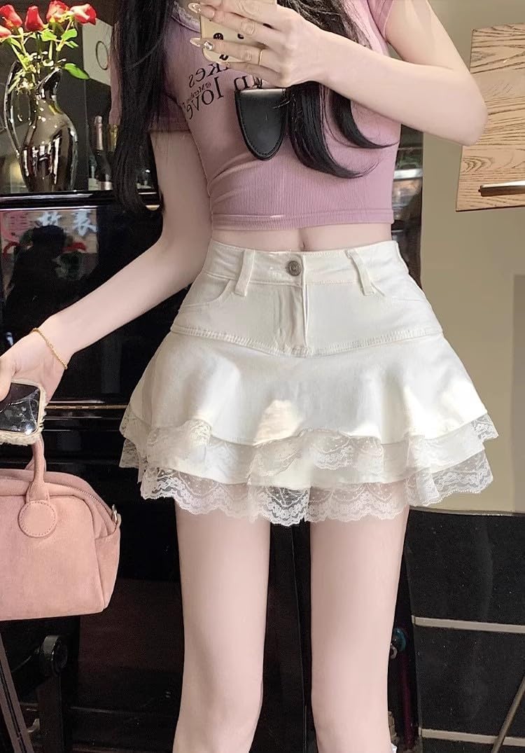 Y2K High Waist Denim Lace Mini Skirt for Women – Harajuku A-Line Ruffle Skater Skirt Kawaii Fairycore Style - Image 6